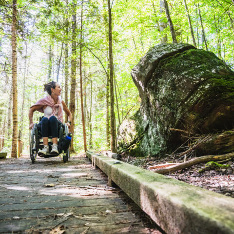 woman in wheelchair enjoying VT forest along accessible trail
