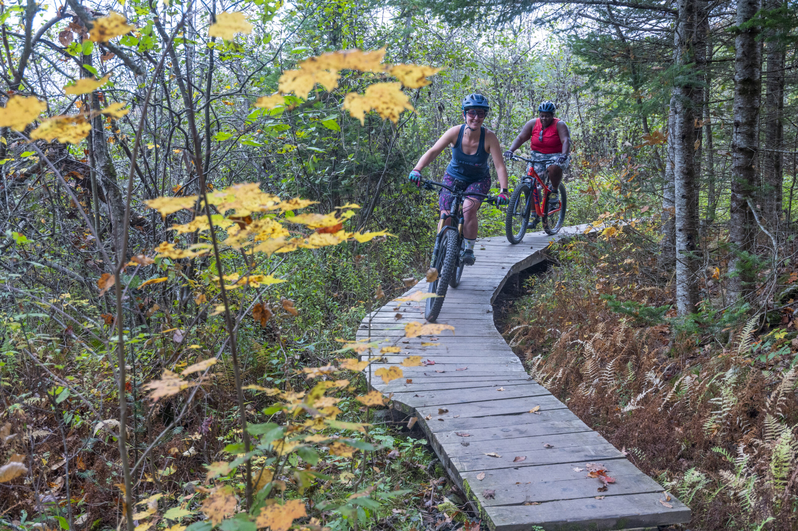 two women mountain biking on boardwalk in fall foliage