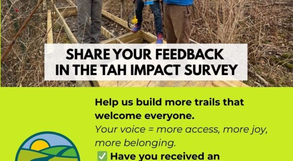 image of people on a trail with text about the trail accessibility hub survey