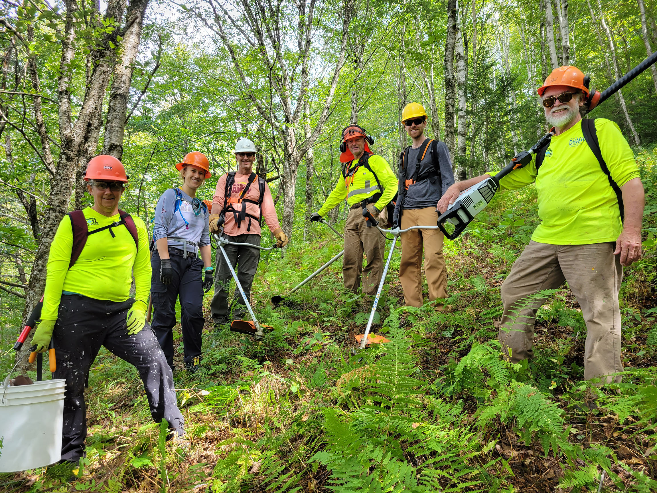 Six people in the woods with protective gear using tools on trail